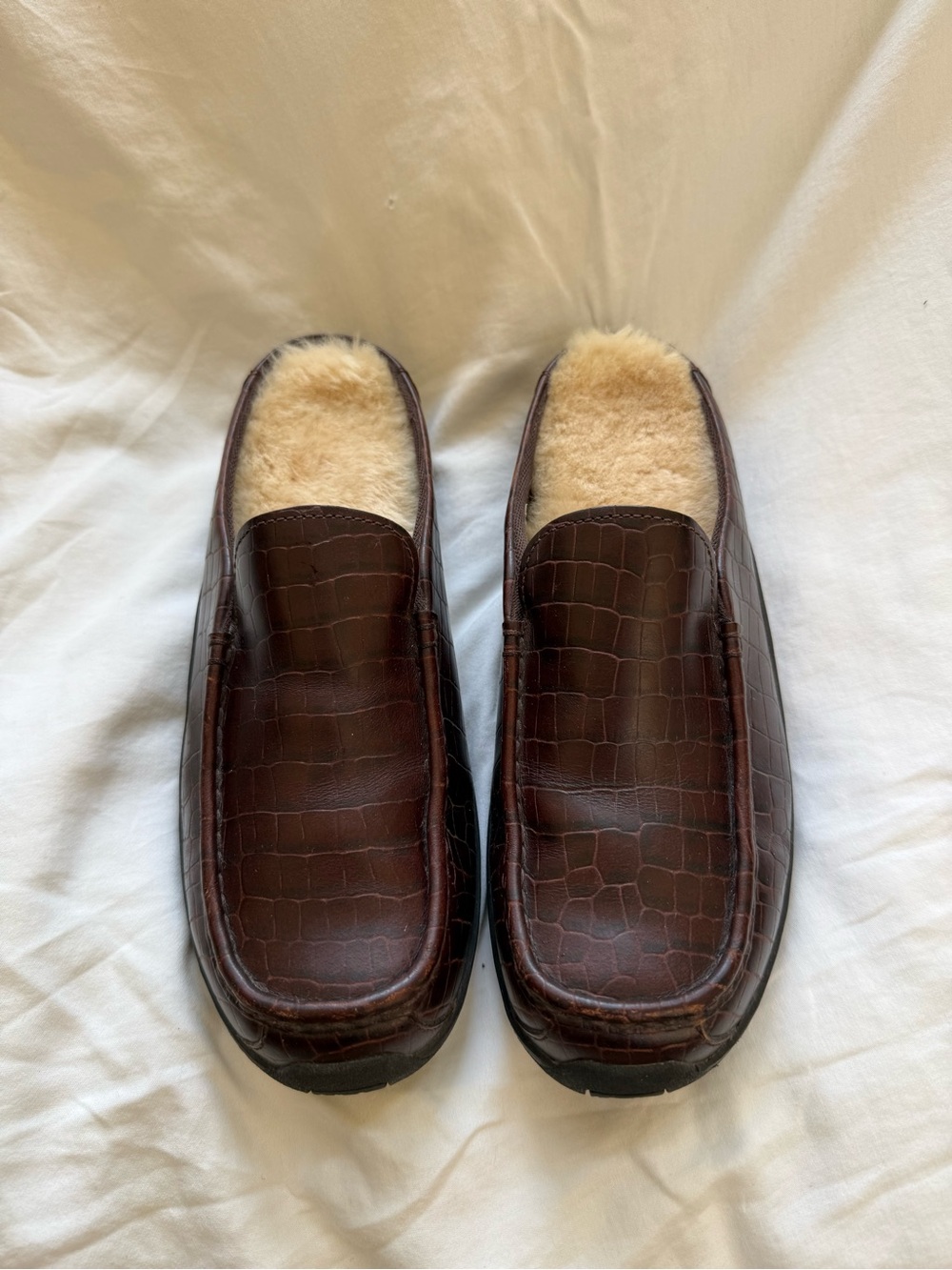 UGG Brown Croc-Embossed Leather Shearling-Lined Slip-Ons